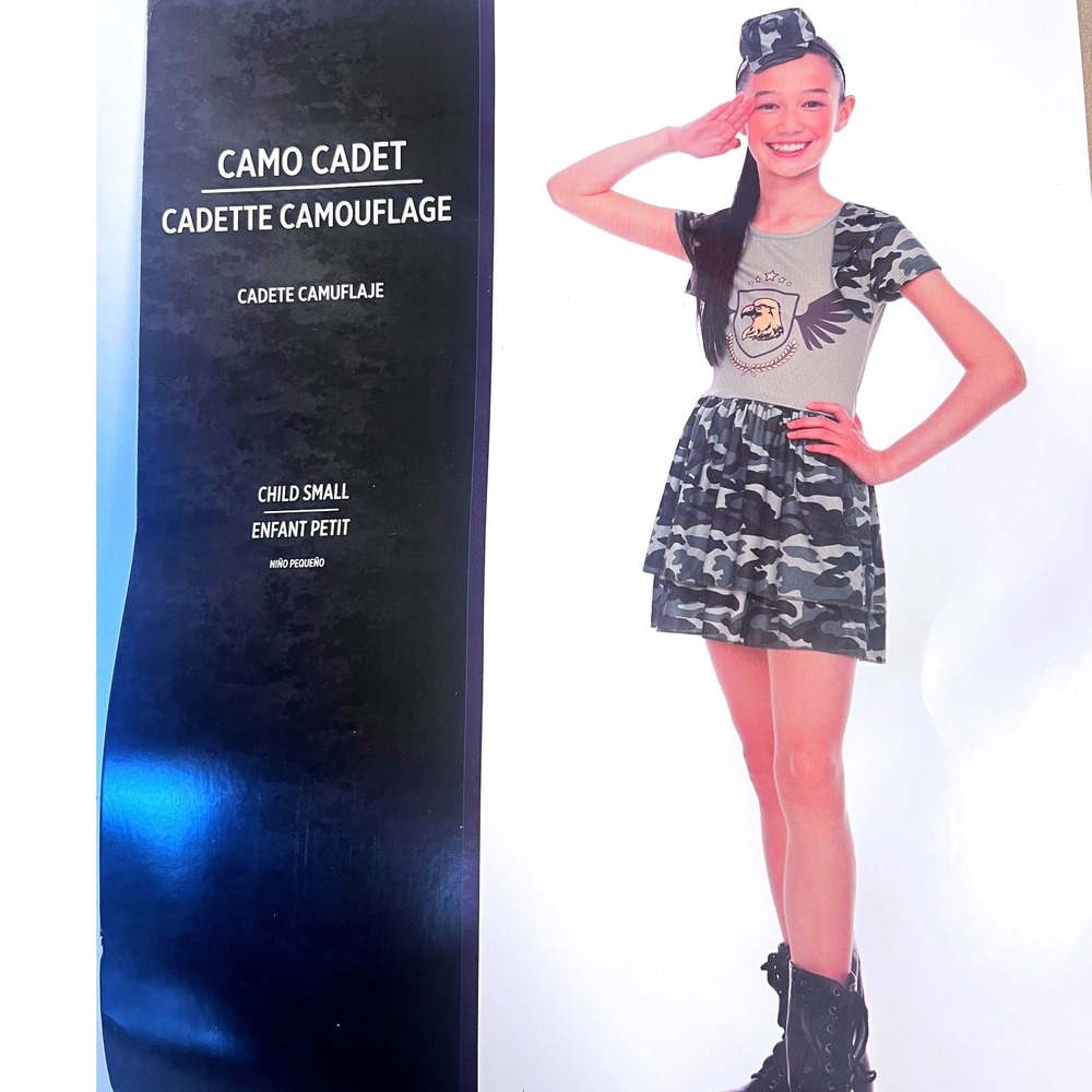 Girls Army Cadet Costume Small 4-6 Camo Military Halloween Dress Hat NWT